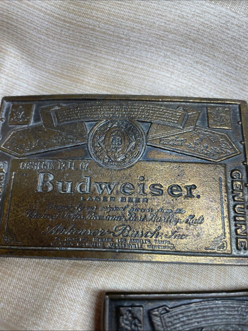 Vintage Budweiser Brass-Tone and Dark Bronze Embossed Belt Buckles